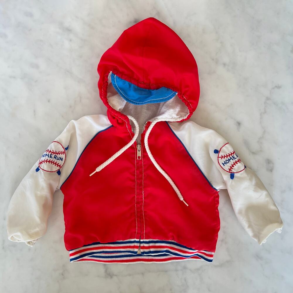 Vintage Baby Boy Baseball Red, White + Blue Light Hooded Windbreaker Jacket